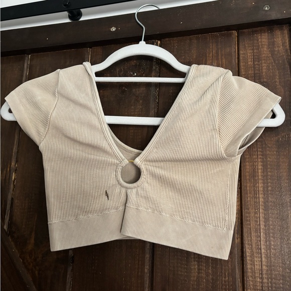 aerie Tops - Beige Ribbed V-Neck Crop Top